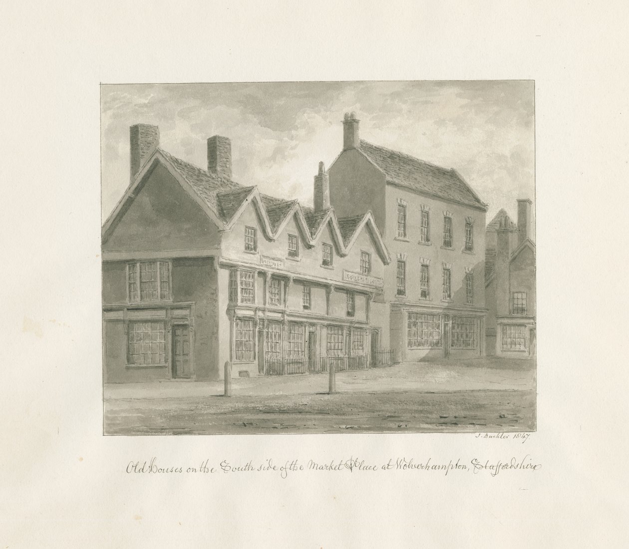 Wolverhampton - Staré domy na jižní straně tržiště: sépiová kresba, 1847 od John Buckler
