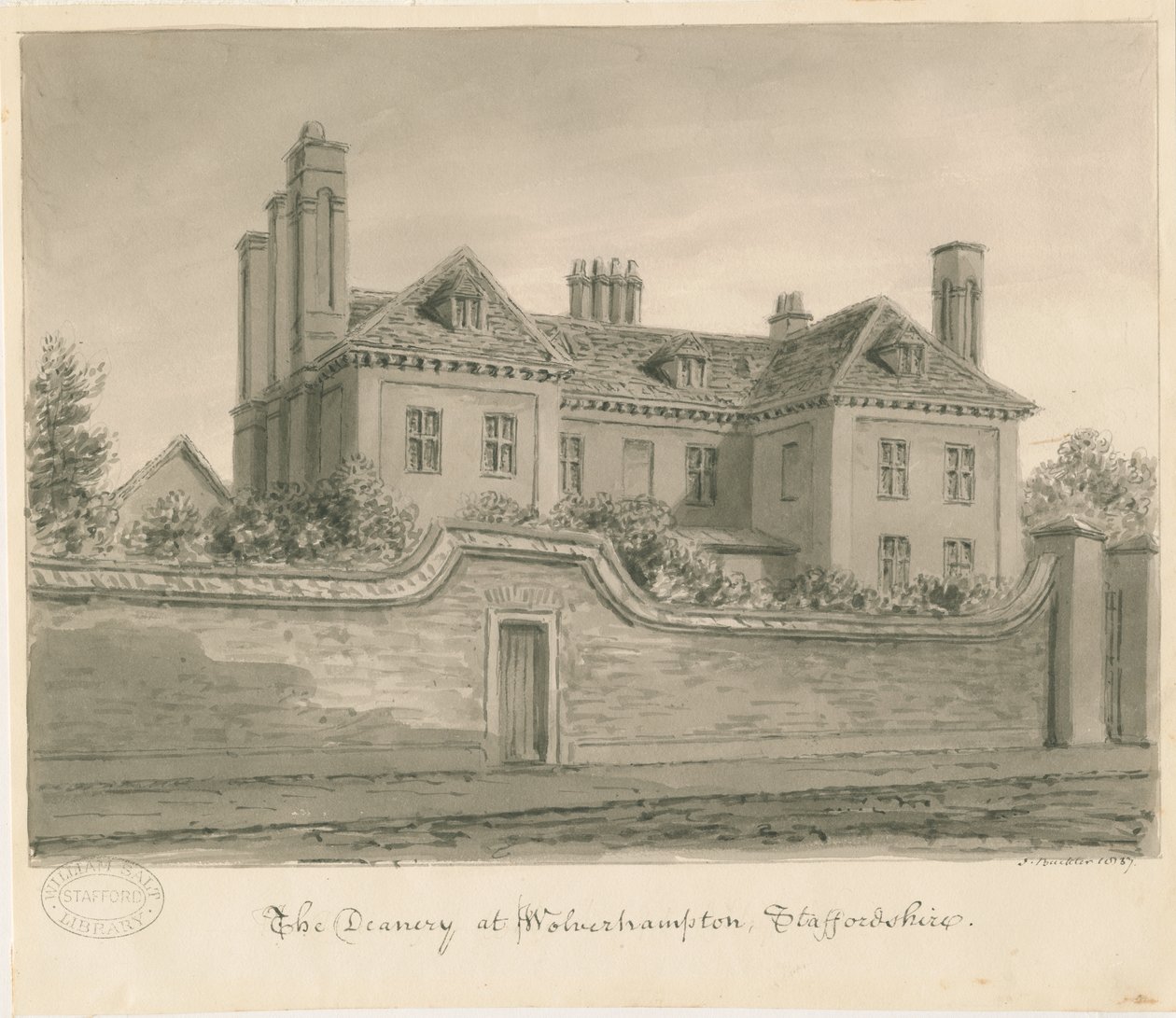 Wolverhampton - The Deanery House: sépiová kresba od John Buckler