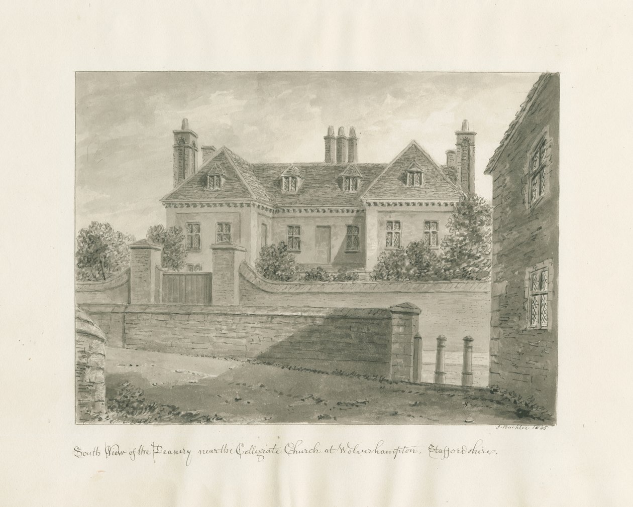 Wolverhampton - The Deanery House: sépiová kresba, 1845 od John Buckler