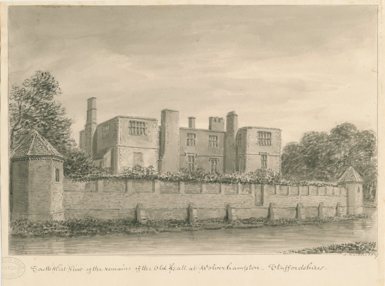 Wolverhampton - The Old Hall: sépiová kresba, 1837 od John Buckler