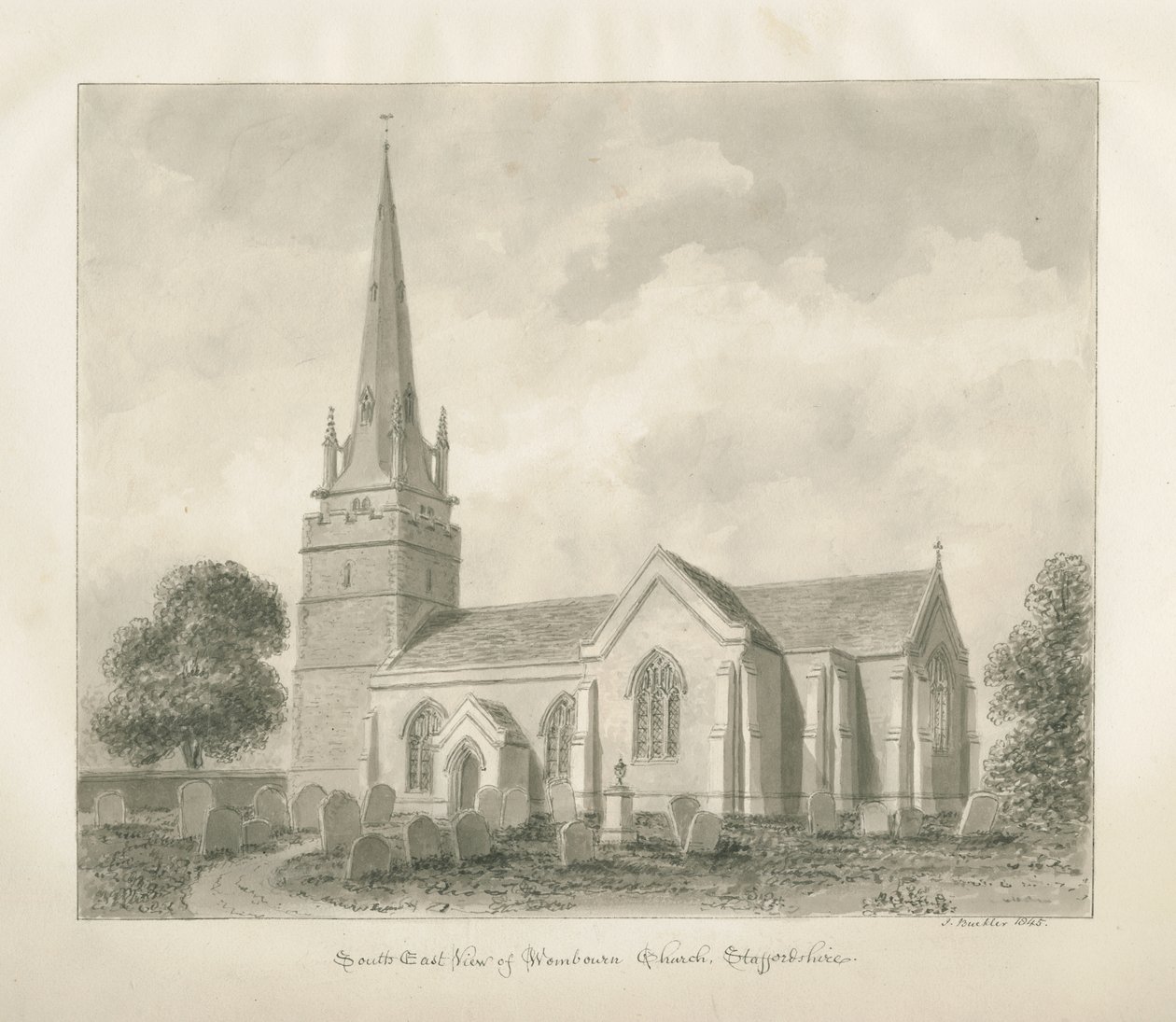 Wombourne Church: sépiová kresba, 1845 od John Buckler