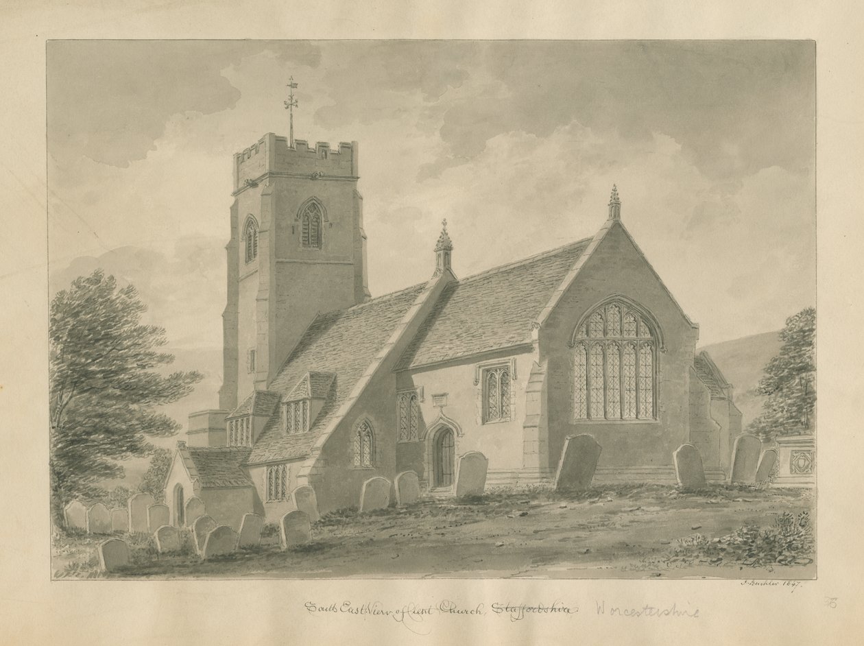 Worcestershire - Clent Church: sépiová kresba, 1847 od John Buckler