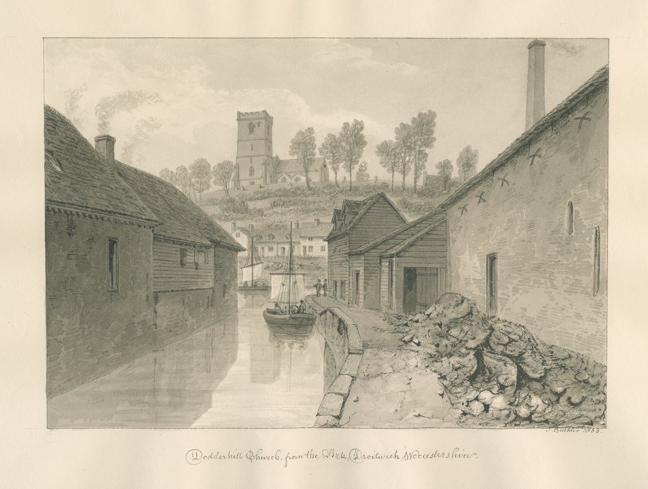 Worcestershire - Droitwich - Dodderhill Church Pohled z dálky: sépiová kresba, 1833 od John Buckler