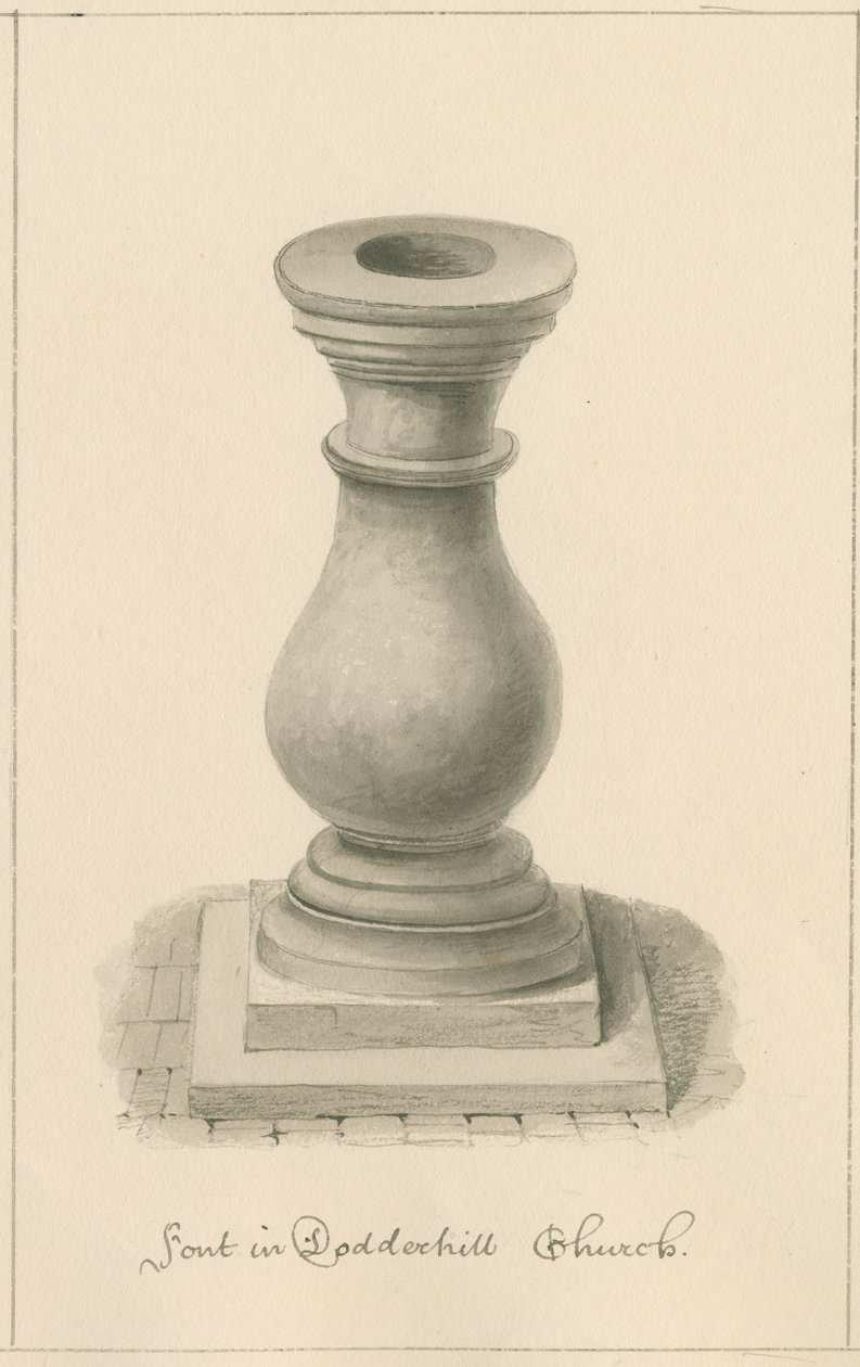 Worcestershire - Droitwich - Dodderhill Church Font: sépiová kresba, 1833 od John Buckler