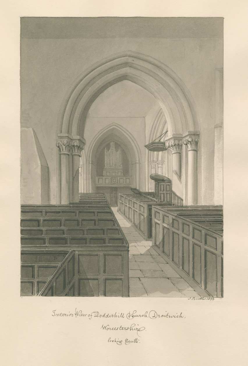 Worcestershire - Droitwich - Interiér kostela Dodderhill: sépiová kresba od John Buckler