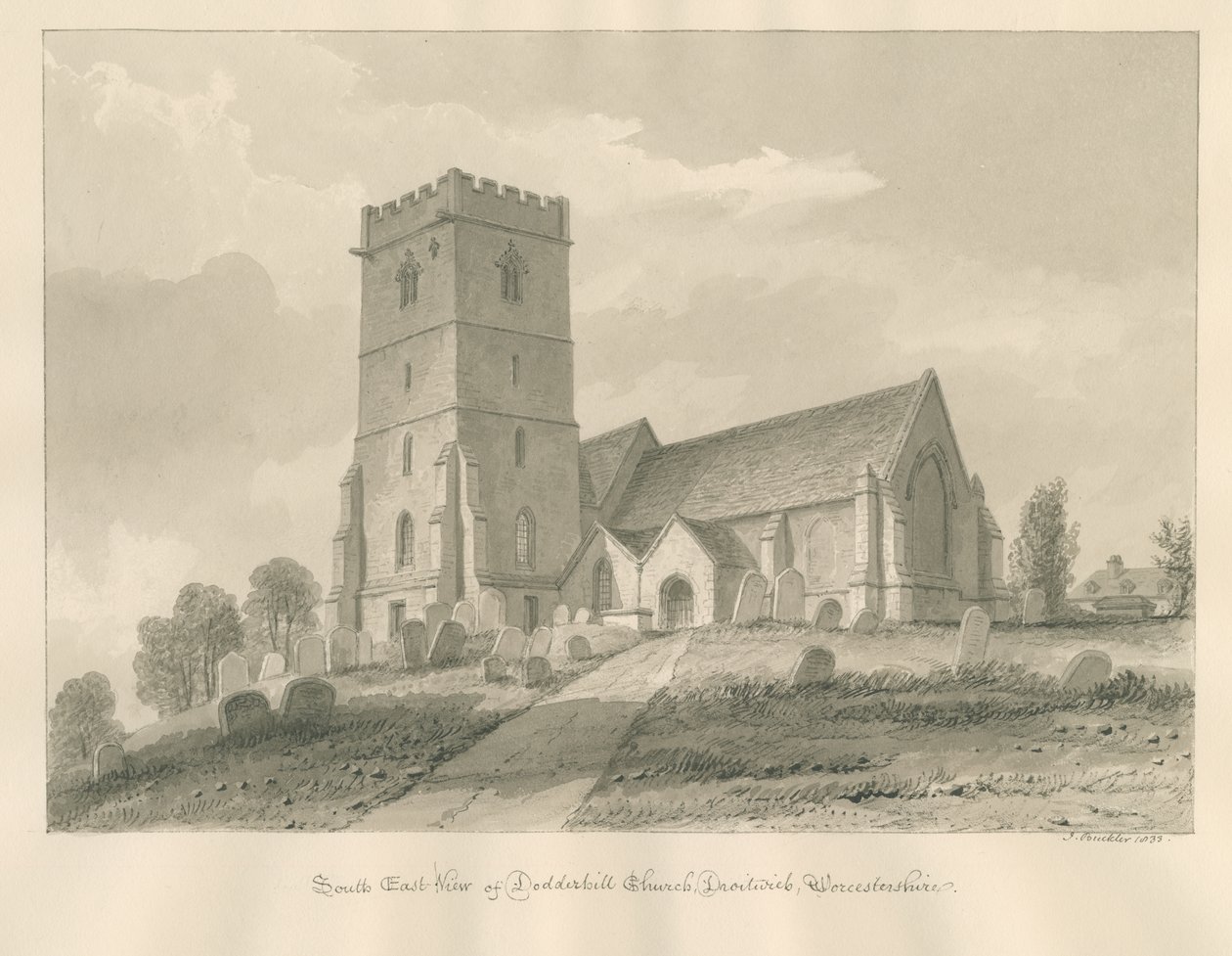 Worcestershire - Droitwich - Dodderhill Church: sépiová kresba od John Buckler