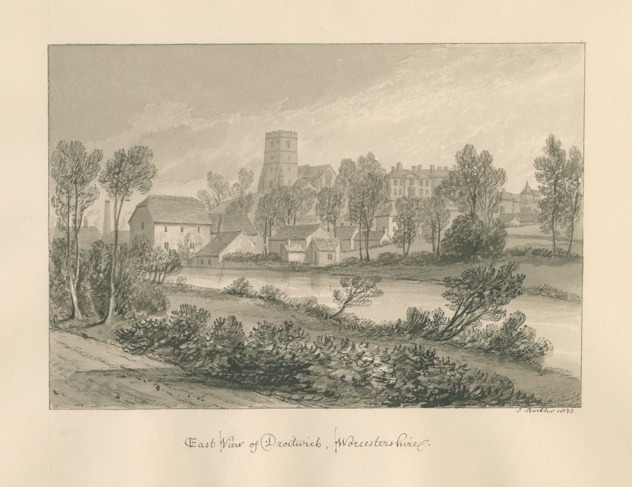 Worcestershire - Droitwich - East View of Town: sépiová kresba, 1833 od John Buckler