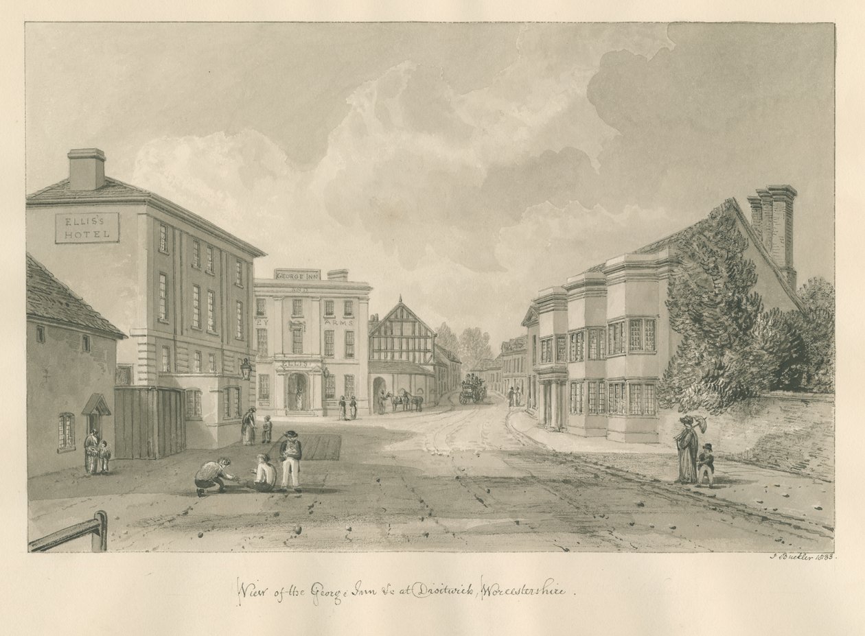 Worcestershire - Droitwich - George Inn: sépiová kresba, 1833 od John Buckler