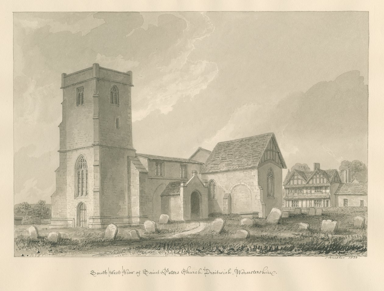 Worcestershire - Droitwich - Kostel svatého Petra: sépiová kresba, 1833 od John Buckler