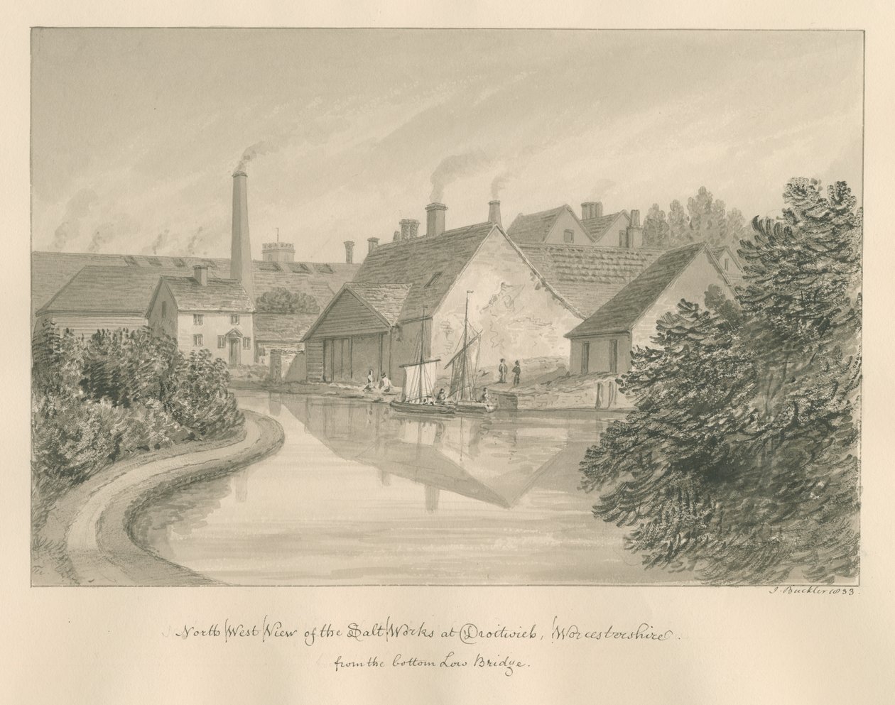 Worcestershire - Droitwich - Salt Works: sépiová kresba, 1833 od John Buckler