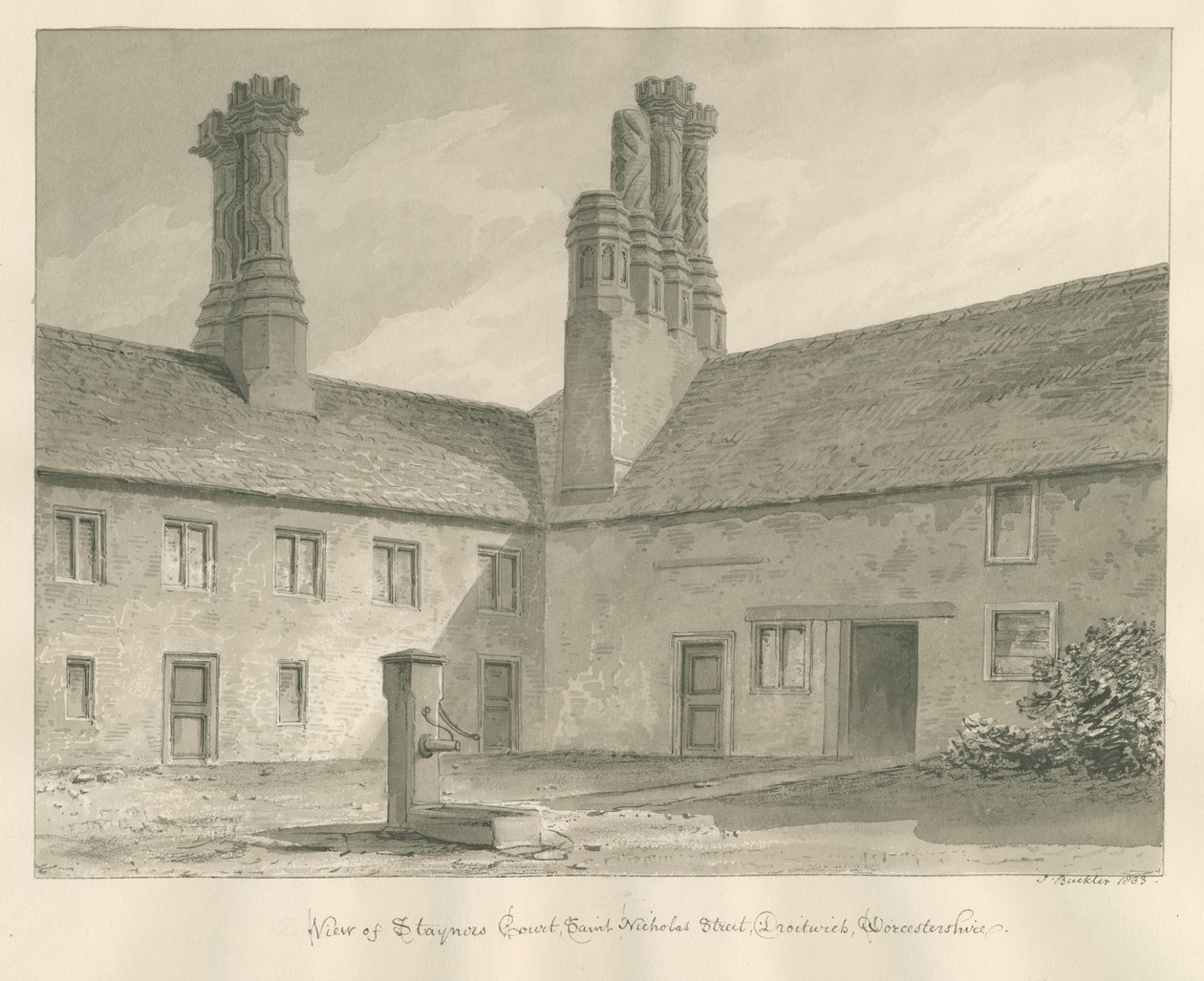 Worcestershire - Droitwich - Staynors Court: sépiová kresba, 1833 od John Buckler