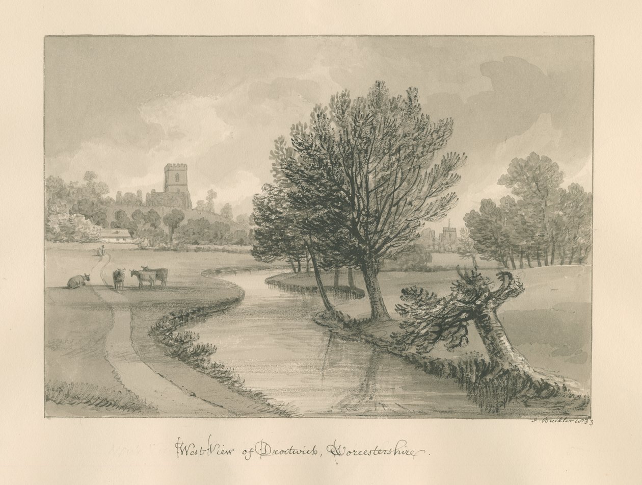 Worcestershire - Droitwich - Západní pohled na město: sépiová kresba, 1833 od John Buckler