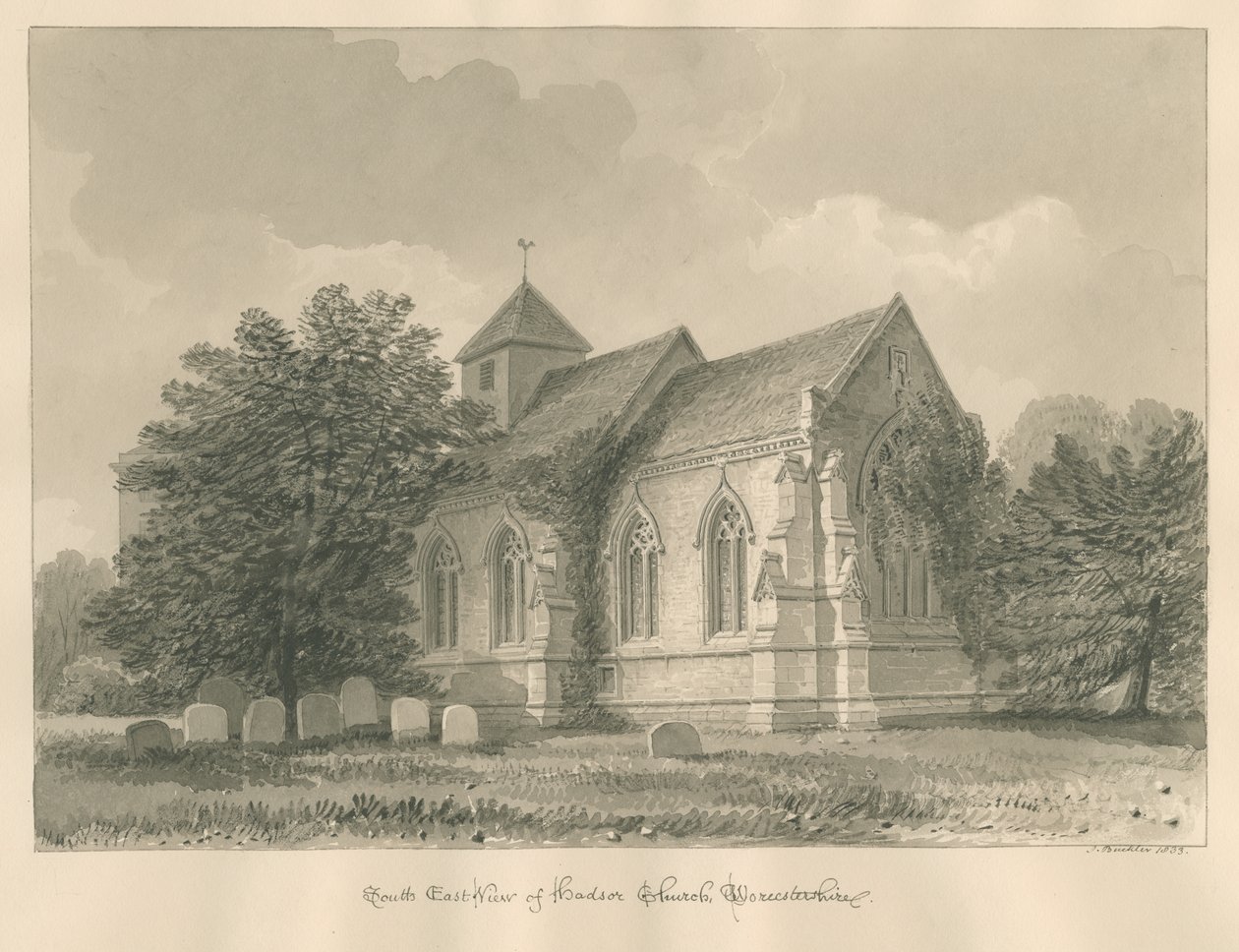 Worcestershire - Hadsor Church: sépiová kresba, 1833 od John Buckler