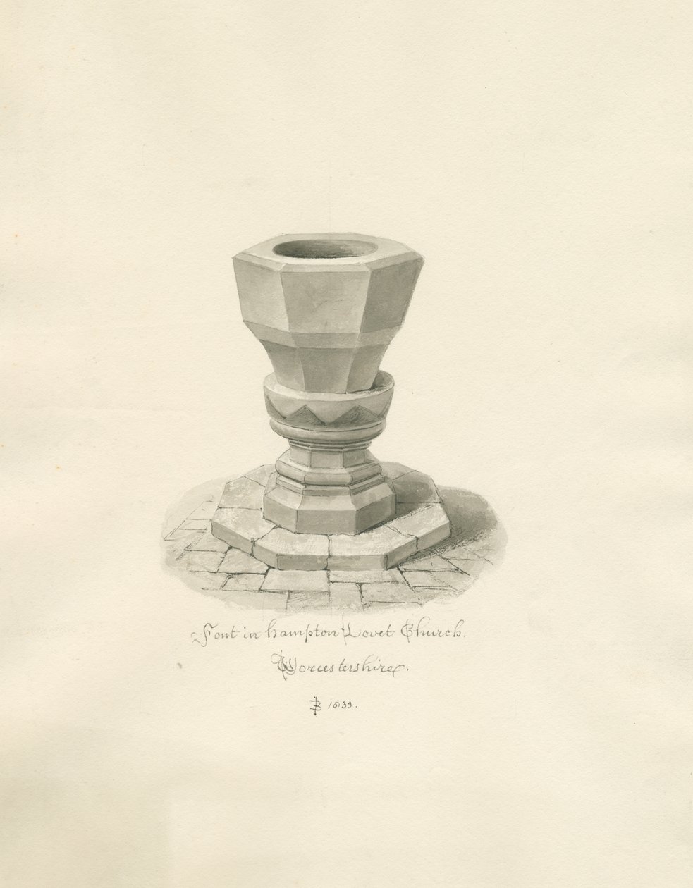 Worcestershire - Hampton Lovett Church - Font: sépiová kresba od John Buckler