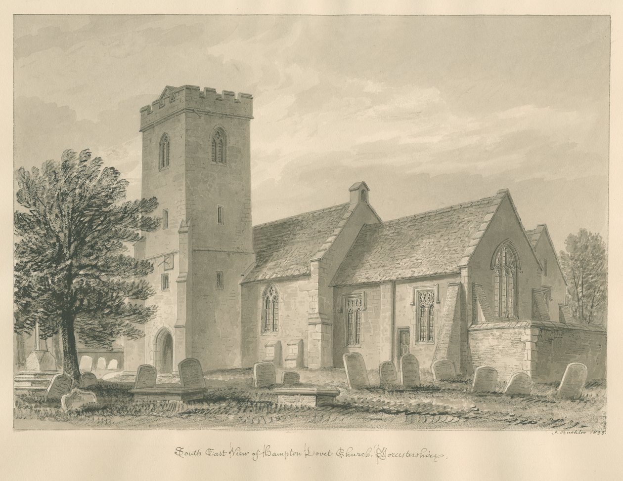 Worcestershire - Hampton Lovett Church: sépiová kresba, 1833 od John Buckler