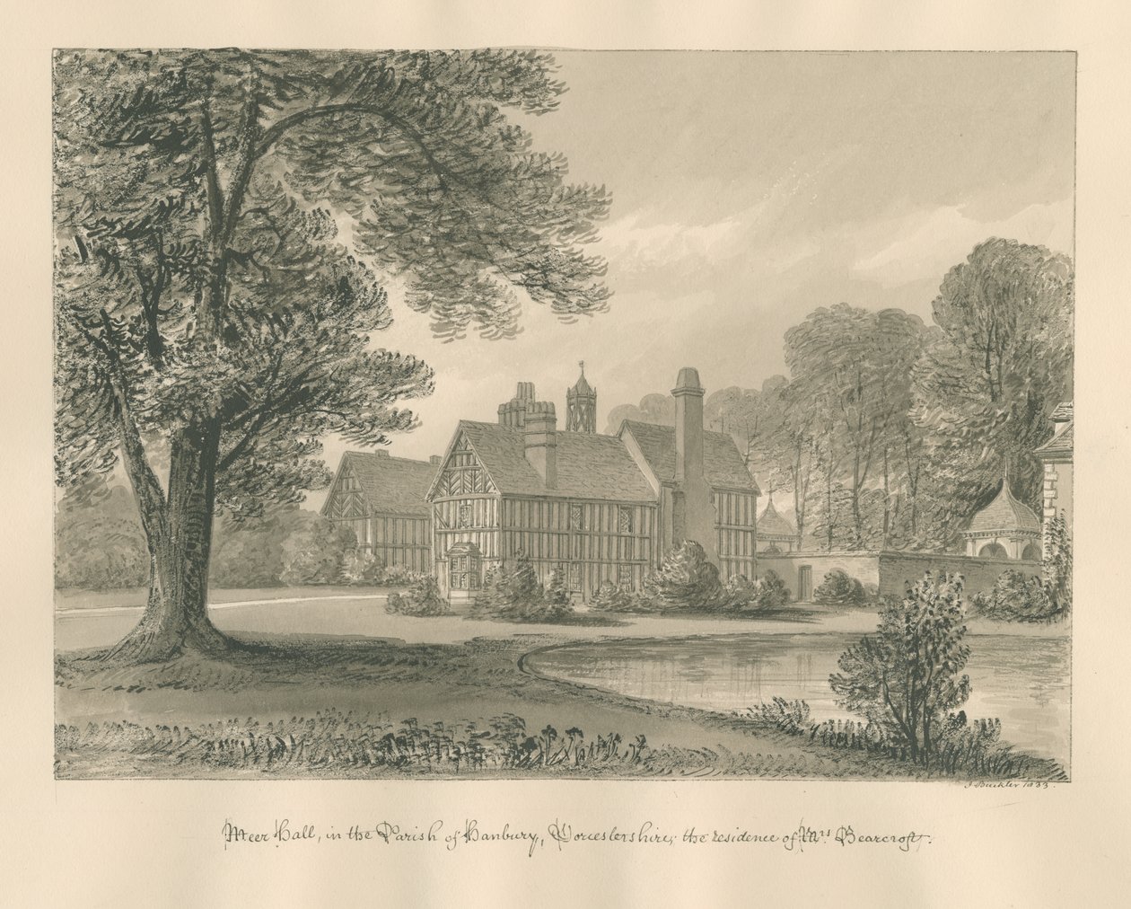 Worcestershire - Hanbury - Meer Hall: sépiová kresba od John Buckler