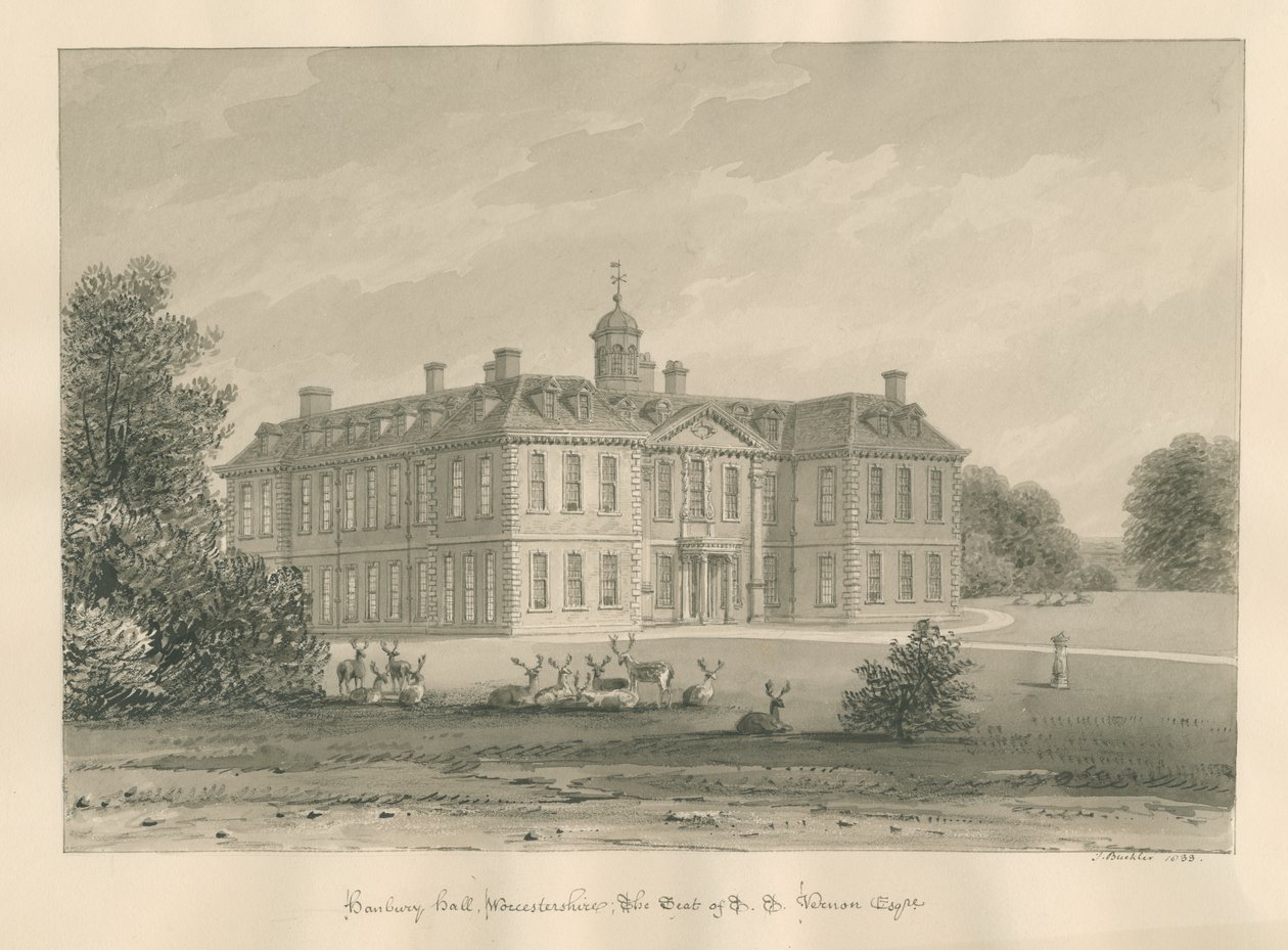 Worcestershire - Hanbury Hall: sépiová kresba, 1833 od John Buckler