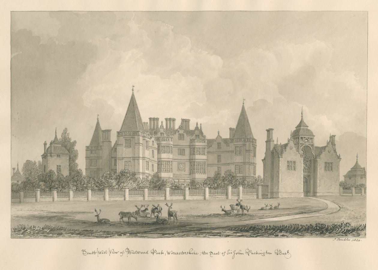 Worcestershire - Westwood Park: sépiová kresba, 1820 od John Buckler