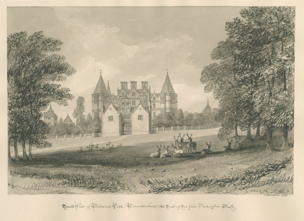 Worcestershire - Westwood Park: sépiová kresba, 1833 od John Buckler