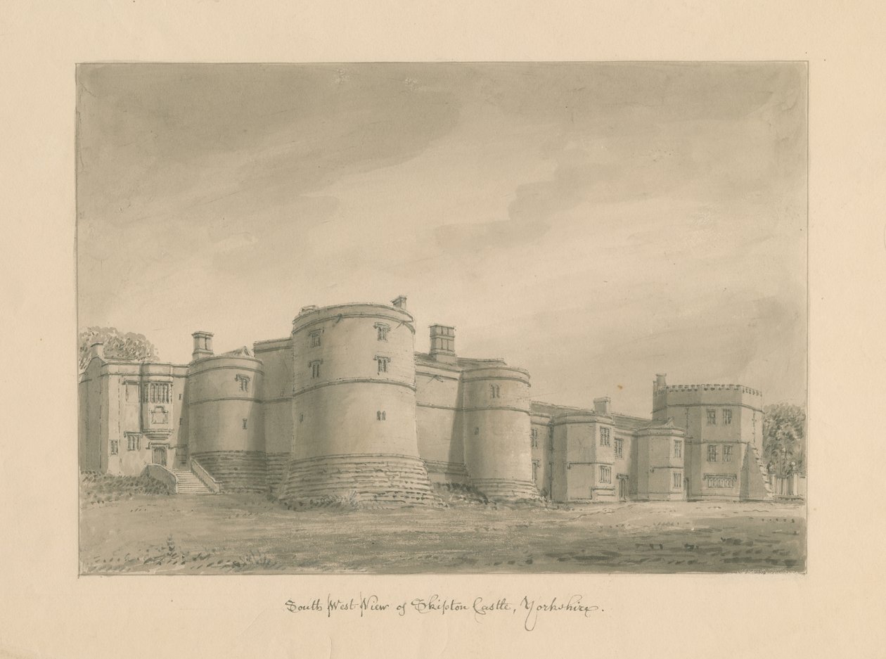 Yorkshire - Skipton Castle: sépiová kresba, 1818 od John Buckler