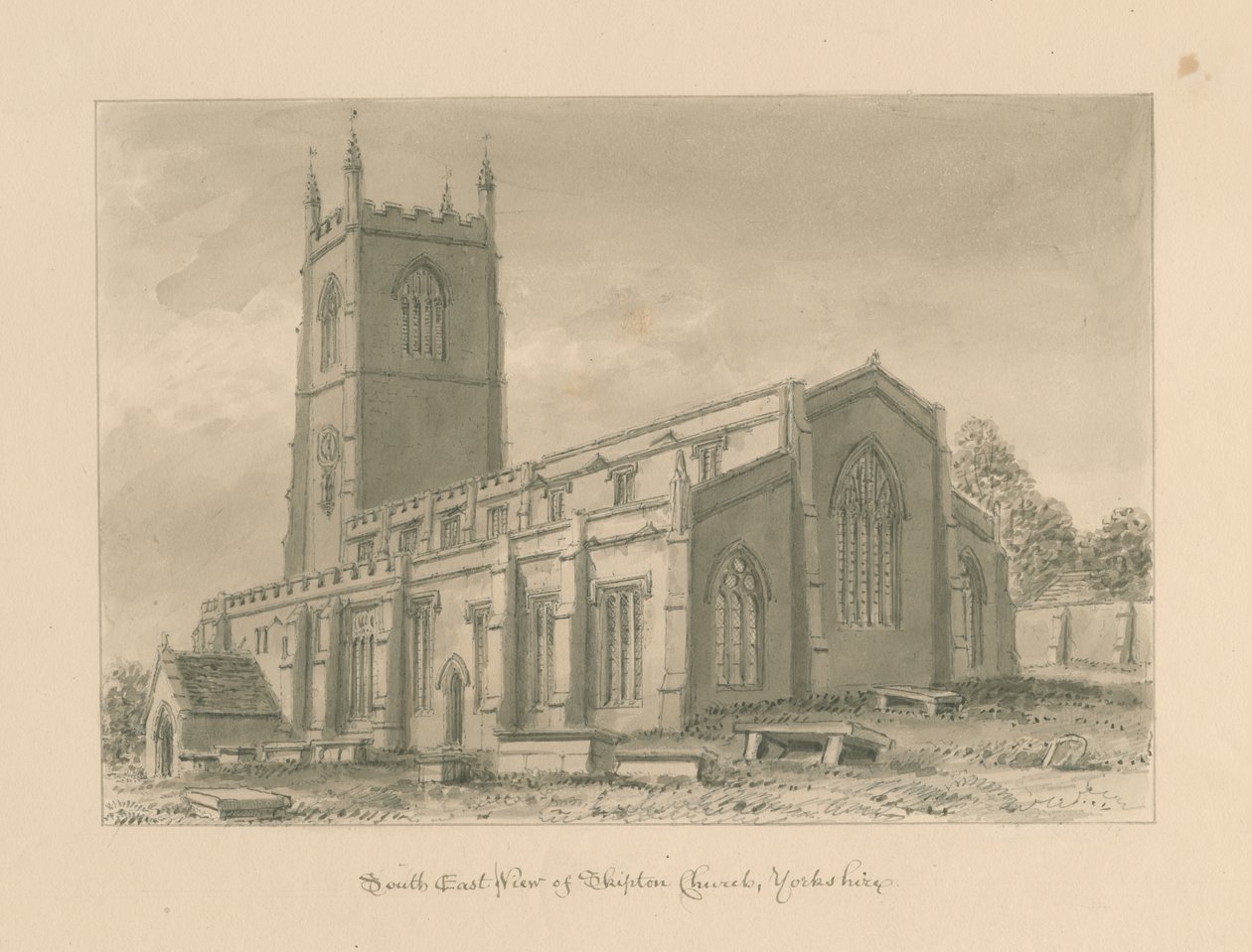 Yorkshire - Skipton Church: sépiová kresba, 1818 od John Buckler