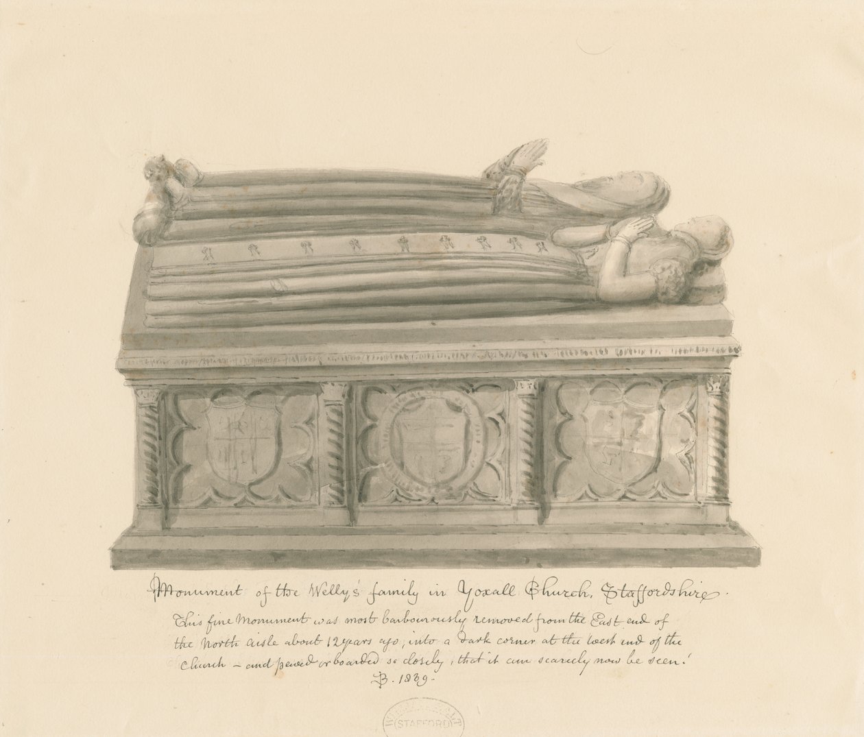 Yoxall Church - Památník rodiny Welly: sépiová kresba od John Buckler