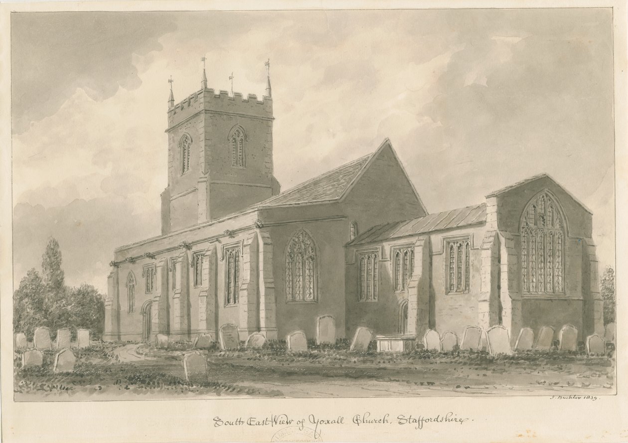 Yoxall Church: sépiová kresba od John Buckler