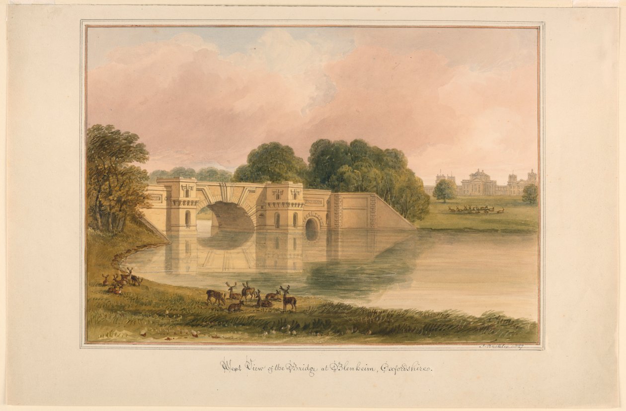 Západní pohled na most v Blenheim, Oxfordshire od John Buckler, F.S.A.