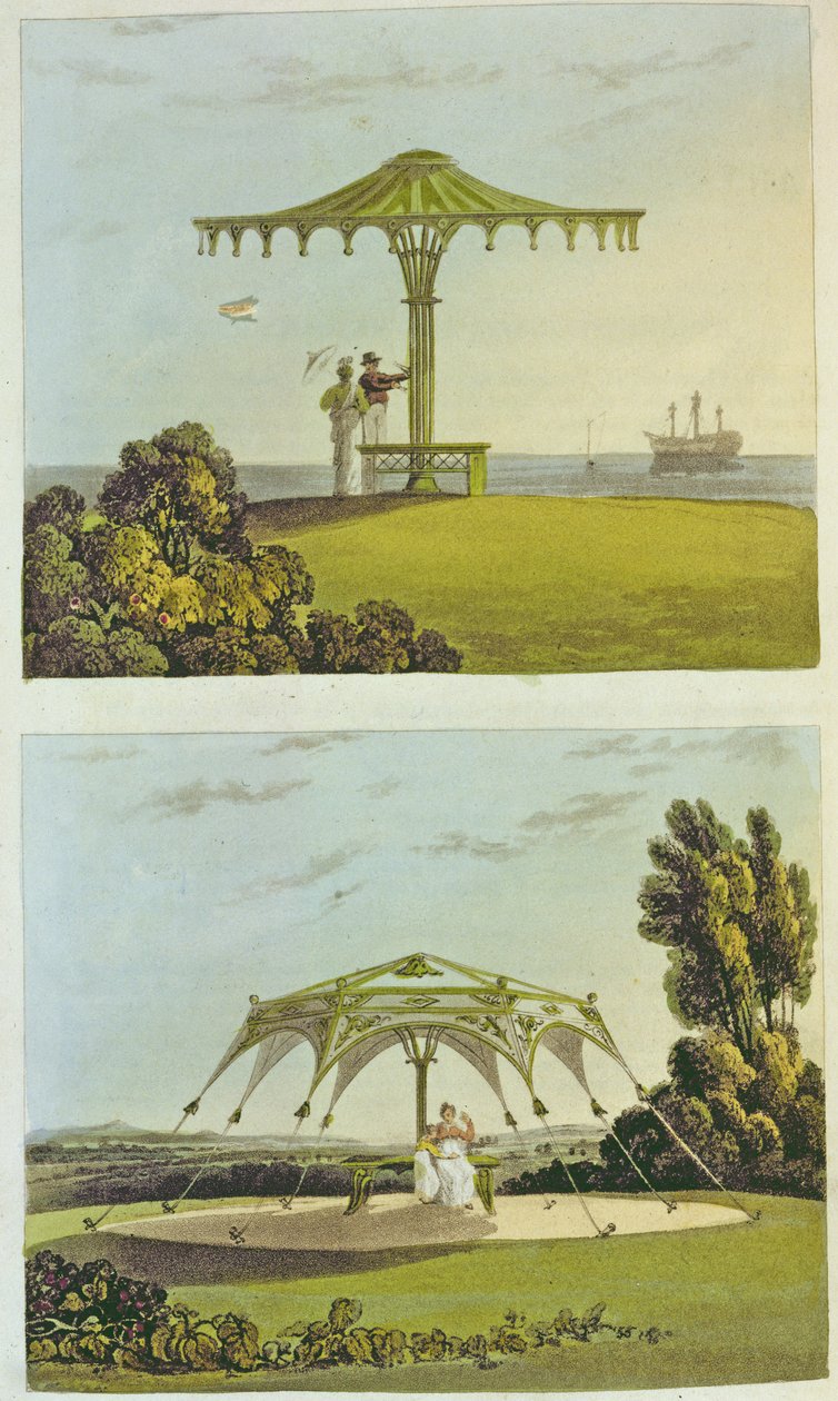 Dvě zdobená krytá zahradní sedadla z „Repository of Arts“, od Ackermanna, 1822 od John Buonarotti Papworth