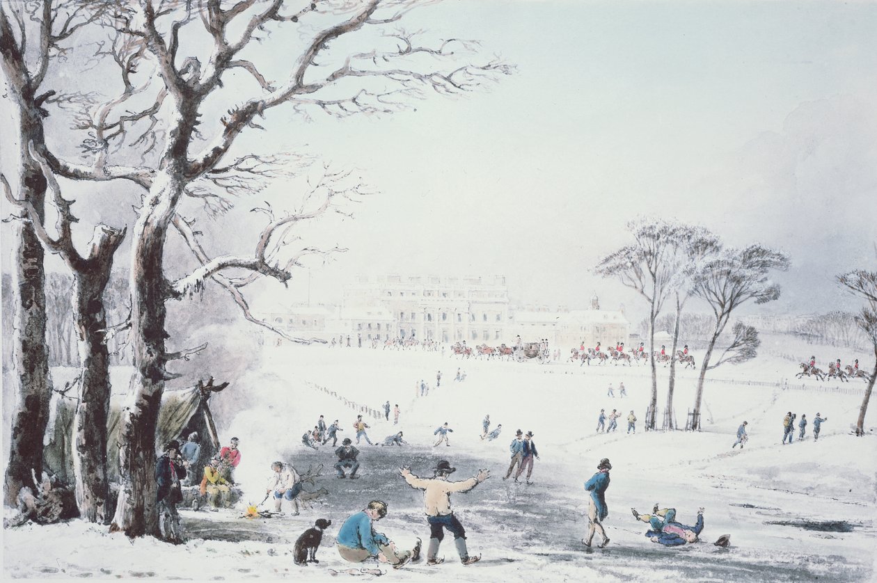 Pohled na Buckingham House a St James Park v zimě, vydavatelství R. Havell und Sons, 1810 od John Burnet