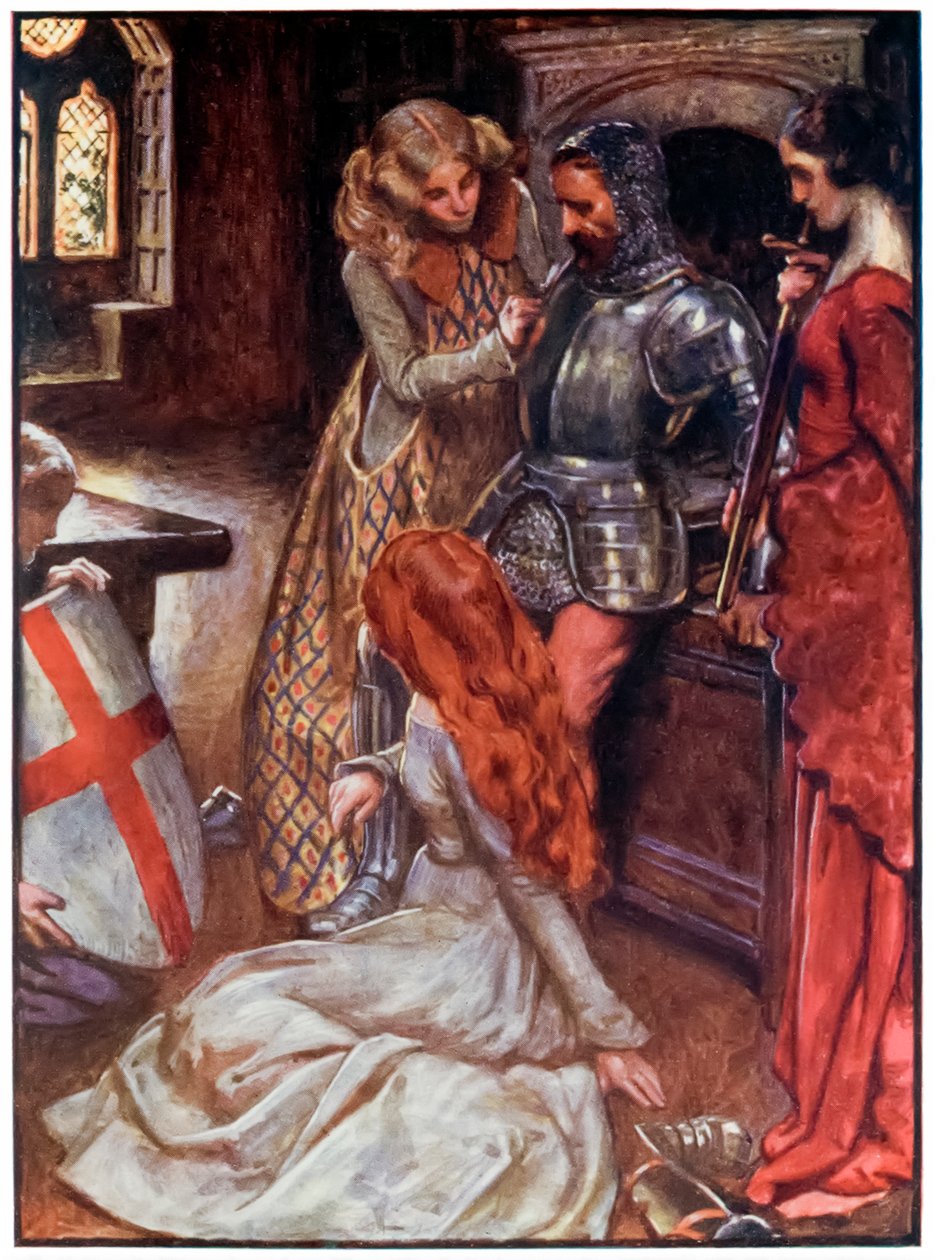 Křesťan vyzbrojený z The Pilgrims Progres from This World, To What Is To Come John Bunyan (1628-1688) Ilustrace Byam Shaw (1872-1919), Christian ve zbrojnici v paláci Beautiful b od John Byam Liston Shaw