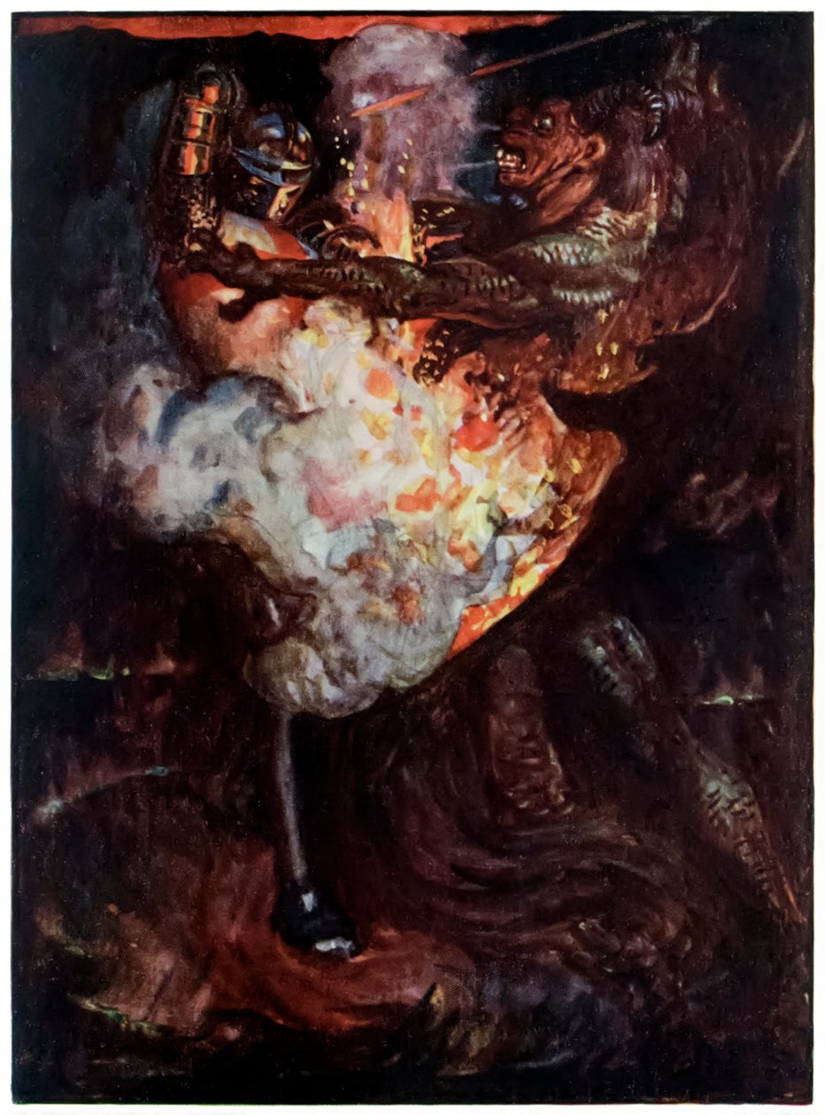 Křesťan bojuje s Apollyonem z filmu Poutníci postupují z tohoto světa k tomu, co má přijít John Bunyan (1628-1688) Ilustrace Byam Shaw (1872-1919) zobrazující křesťanský boj s Apollyonem od John Byam Liston Shaw