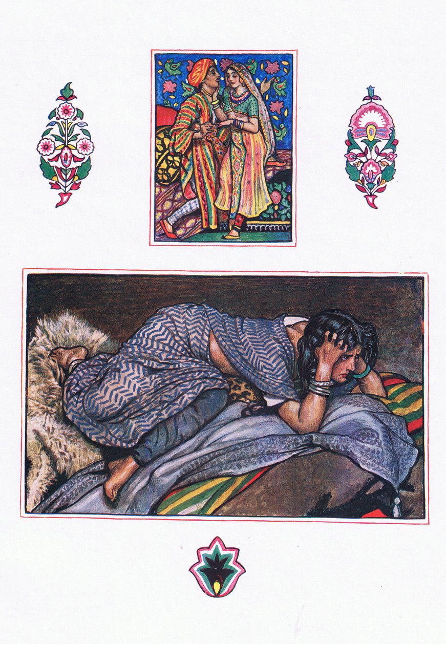 Píseň opuštěných cikánů: Hillside Camp, ilustrace z The Garden of Kama (a další texty z Indie), 1920 od John Byam Liston Shaw