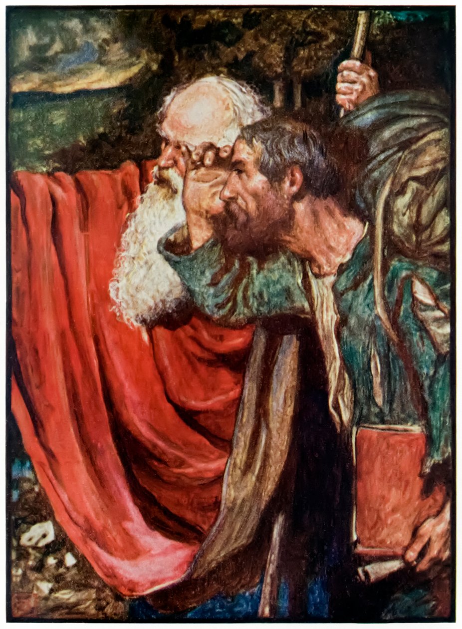 Evangelist ukazuje cestu k Wicket Gate z knihy The Pilgrims Progres from This World, To That What Is To Come od Johna Bunyana (1628-1688) Ilustrace Byam Shaw (1872-1919) zobrazující Evangelis od John Byam Liston Shaw