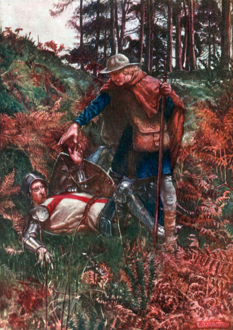 Věrný pomáhá křesťanovi vstát po jeho pádu (barevná litografie) od John Byam Liston Shaw