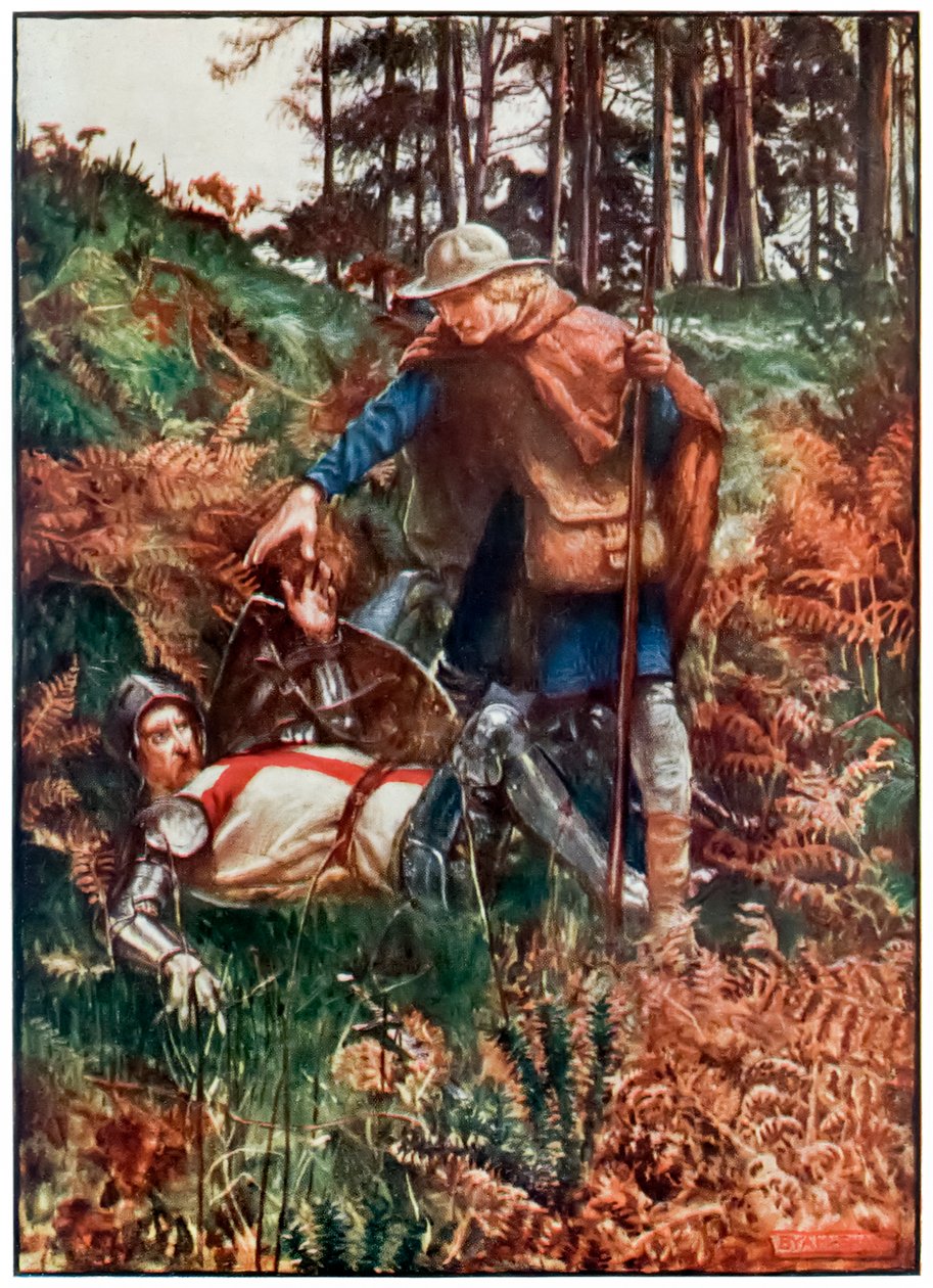 Faithful pomáhá Christianovi vstát po jeho pádu z The Pilgrims Progres from This World, To What Is To Come John Bunyan (1628-1688) Ilustrace Byam Shaw (1872-1919) zobrazující křesťanskou bytost od John Byam Liston Shaw