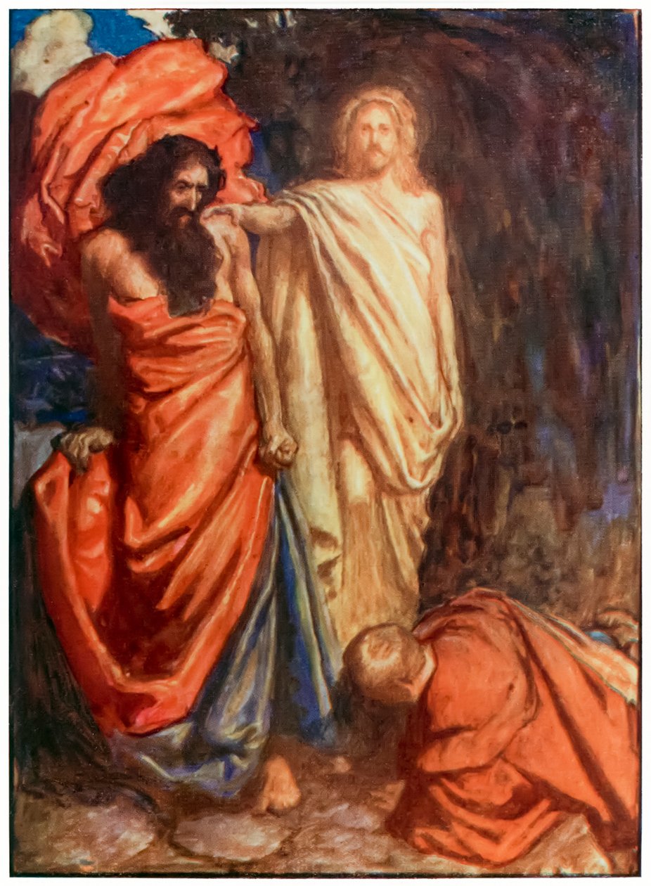 Věrná sražena Mojžíšem z filmu Poutníci postupují z tohoto světa k tomu, co přijde od Johna Bunyana (1628-1688) Ilustrace Byam Shaw (1872-1919) zobrazující Věrnou zbitou nečlenem od John Byam Liston Shaw