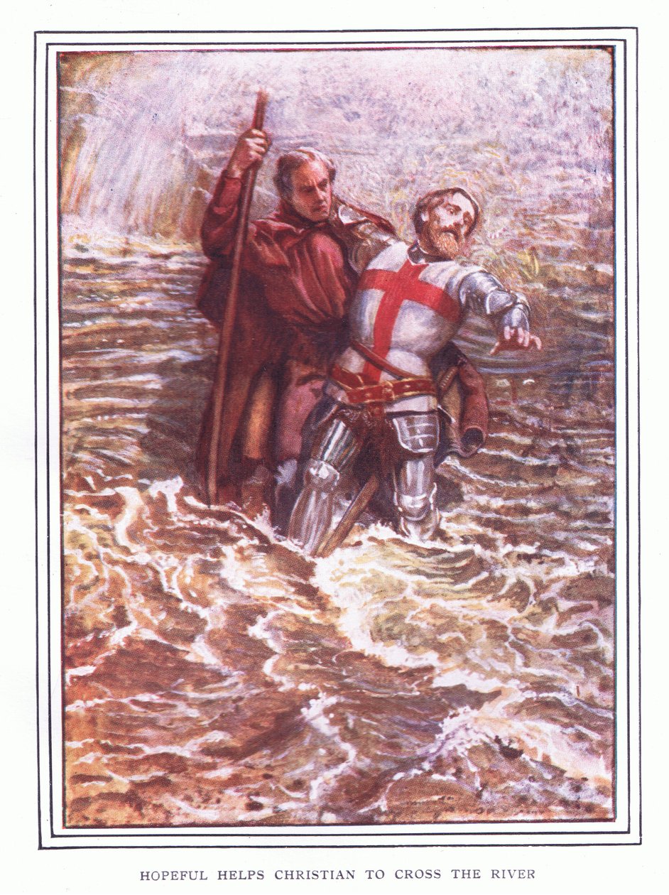 Hopeful pomáhá Christianovi překročit řeku od John Byam Liston Shaw