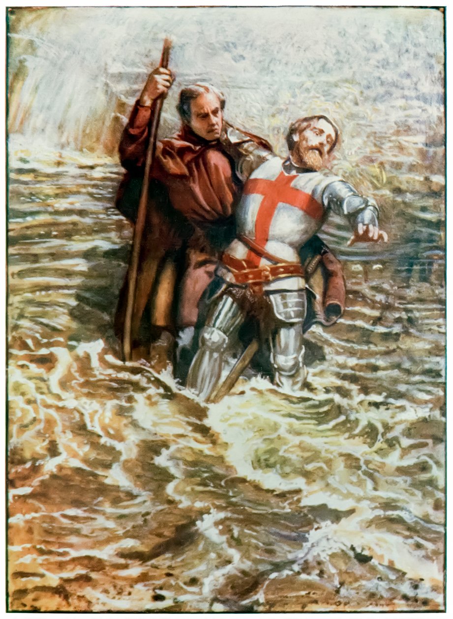 Hopeful pomáhá Christianovi překročit řeku z The Pilgrims Progres from This World, To What Is To Come John Bunyan (1628-1688) Ilustrace Byam Shaw (1872-1919), poutníci překračují od John Byam Liston Shaw