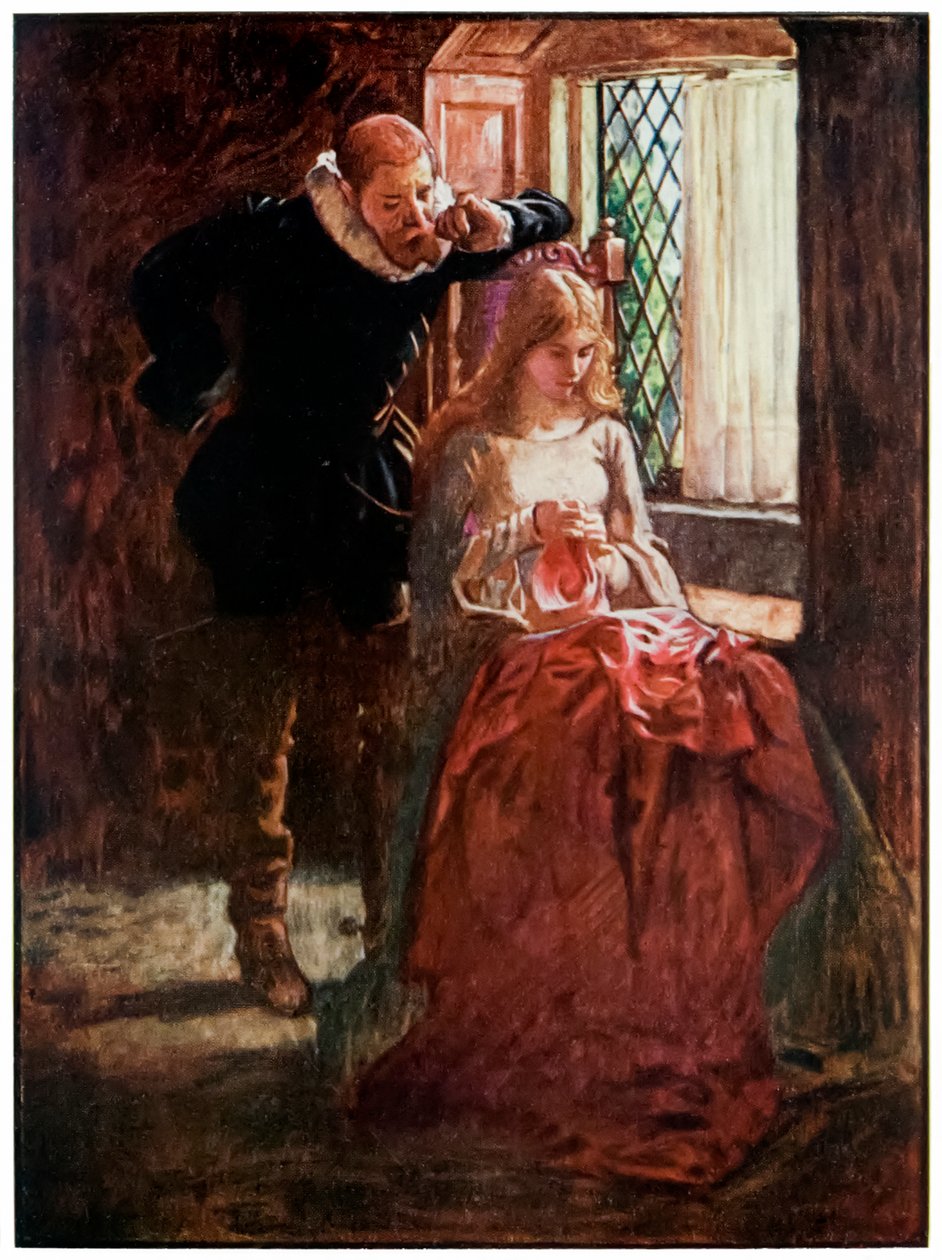 Pan Brisk a Mercy z Poutníci postupují z tohoto světa, do toho, co má přijít John Bunyan (1628-1688) Ilustrace Byam Shaw (1872-1919), pan Brisk se dvoří Mercy, dokud ji neobjeví i od John Byam Liston Shaw