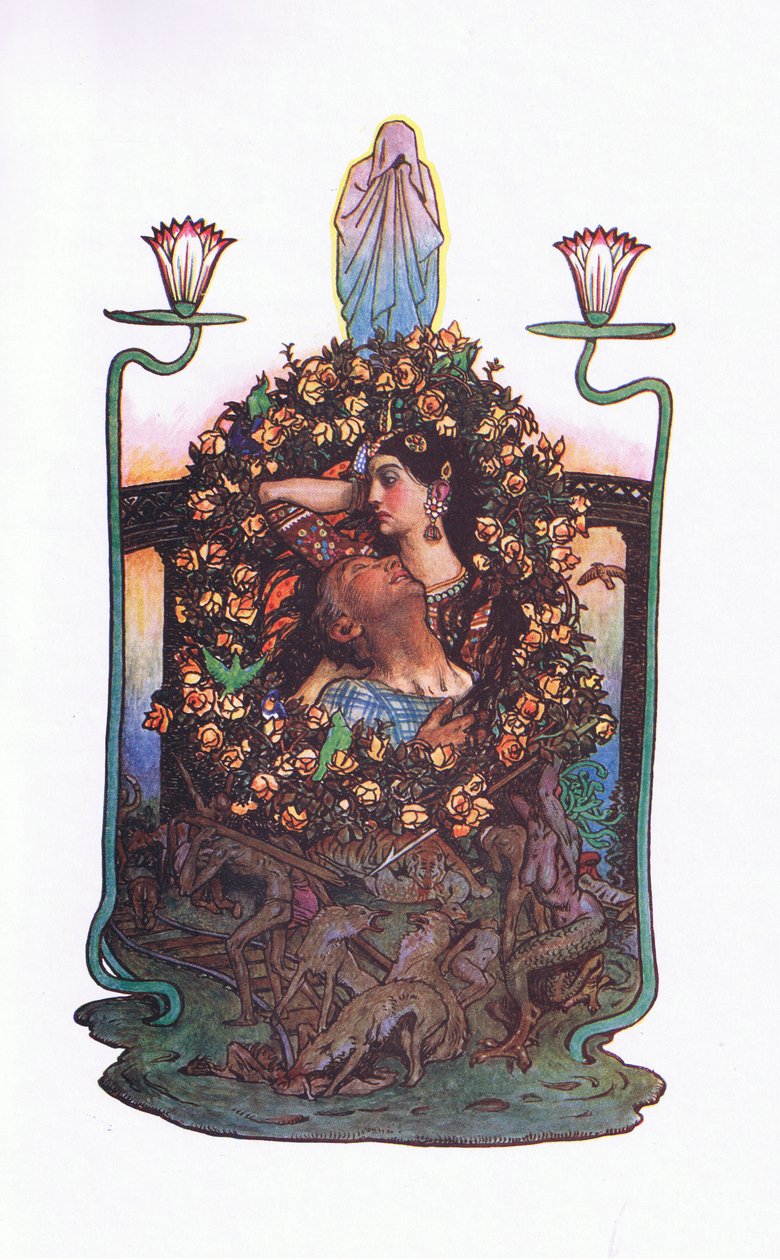 Zahrada u mostu, ilustrace z The Garden of Kama (a další texty z Indie), 1920 od John Byam Liston Shaw