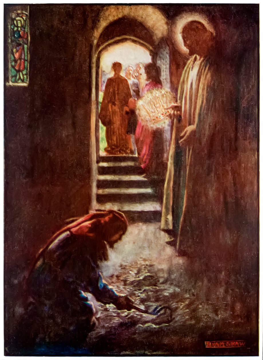 Muž s hráběmi z Poutníků z tohoto světa do toho, co přijde od Johna Bunyana (1628-1688) Ilustrace Byam Shaw (1872-1919), Muž může v Domě tlumočníků od John Byam Liston Shaw