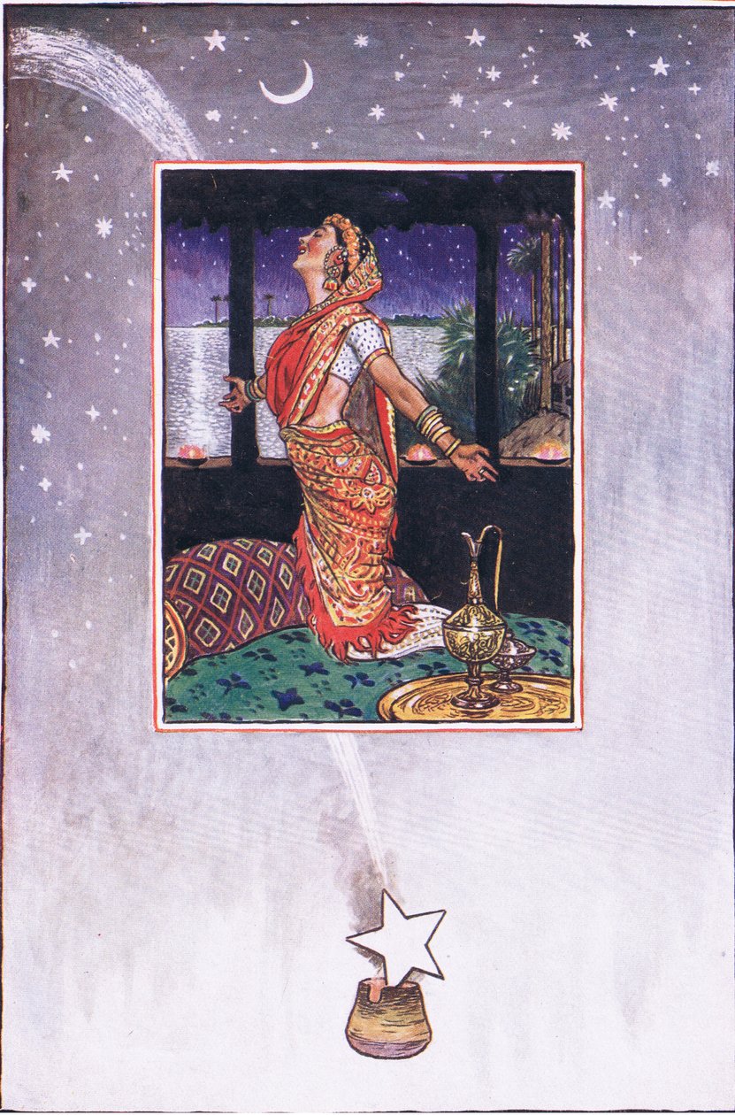 Neexistuje žádný vánek, který by zchladil žár lásky, ilustrace z The Garden of Kama (a další texty z Indie), 1920 od John Byam Liston Shaw