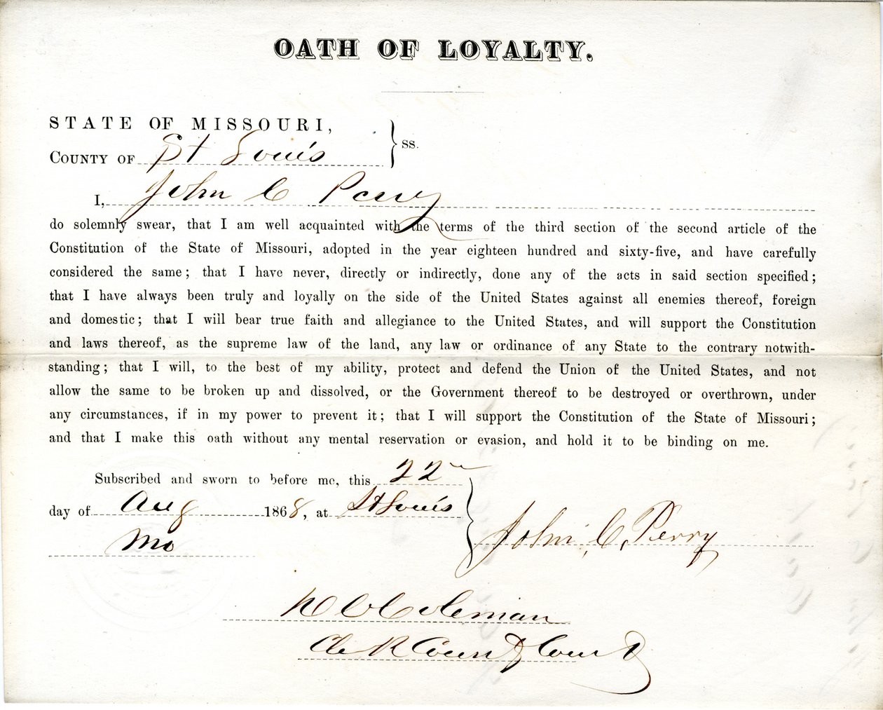 Věrnostní přísaha Johna C. Perryho z Missouri, hrabství St. Louis od John C. Perry