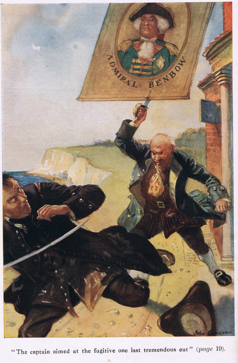 Kapitán míří na uprchlíka na posledním obrovském řezu, ilustrace z knihy "Ostrov pokladů" od Roberta Louise Stevensona od John Cameron