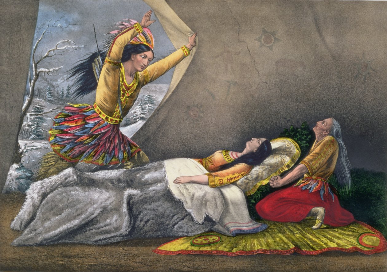 The Death of Minnehaha, ryté a hospoda. Currier a Ives, 1867 od John Cameron