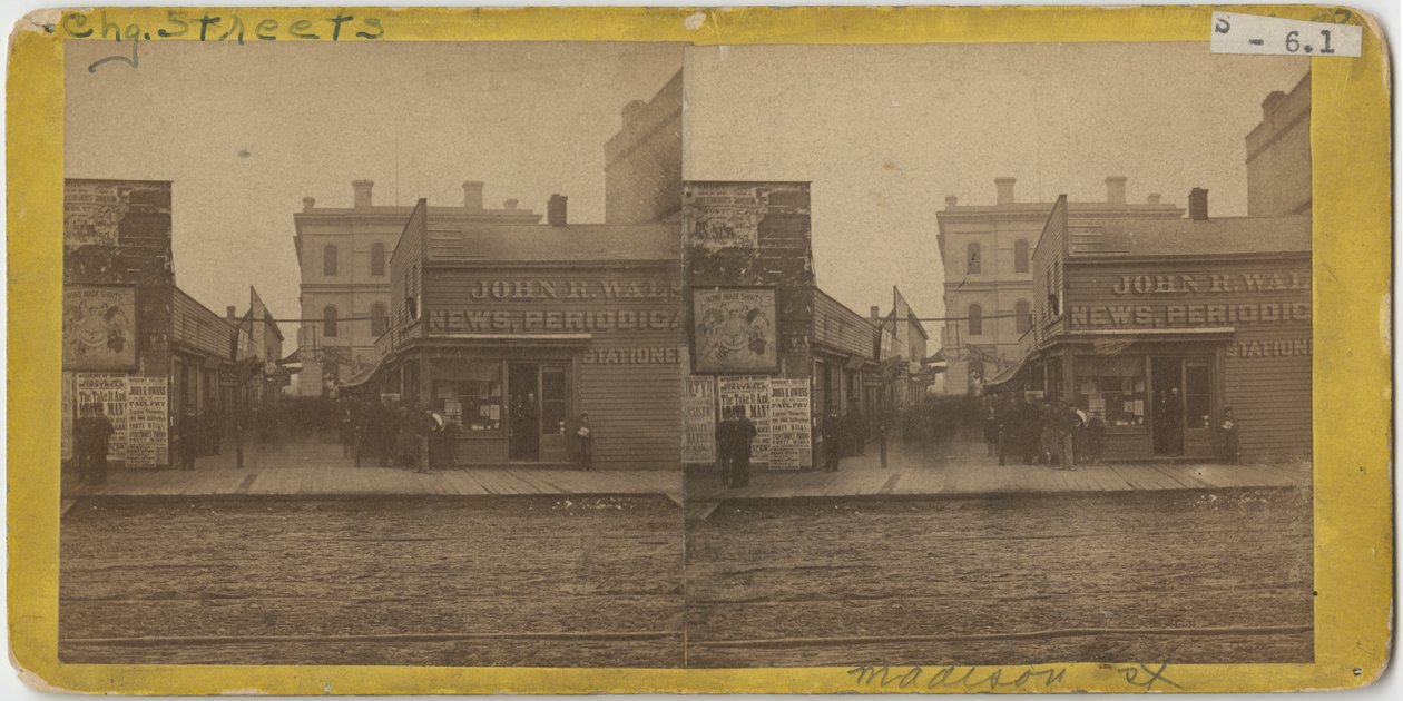 Pohled na obchod John R. Walsh Periodicals na Madison Street, Chicago s poštou v pozadí, 1869 od John Carbutt