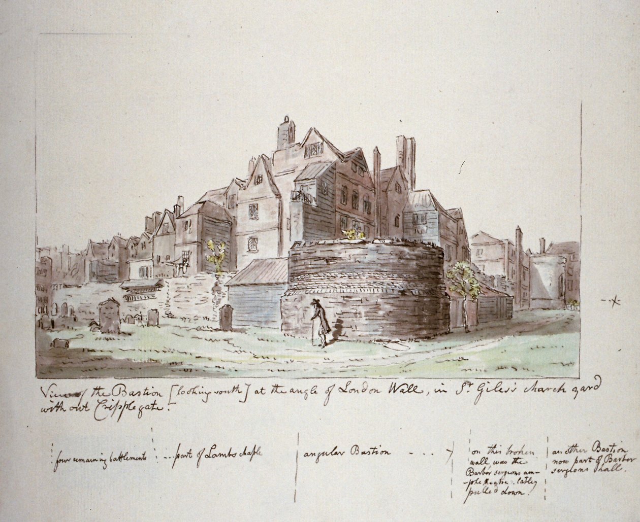 Bašta v úhlu londýnské zdi, hřbitov St Giles bez Cripplegate, City of London, 1779 od John Carter