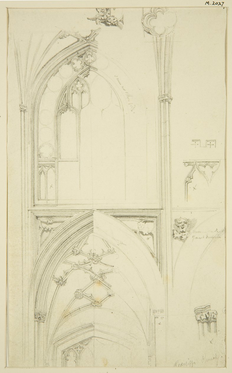 Podrobnosti o kružbě oken Clerestory a klenutí uličky níže, v St Mary Redcliffe (tužka a akvarel na papíře) od John Carter