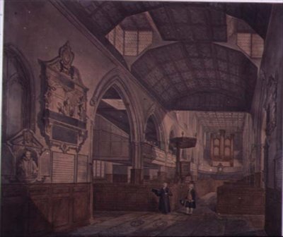Vnitřní pohled na kostel St. Giles, Cripplegate, při pohledu na západ, ukazující pomník Constance Whitney od John Carter
